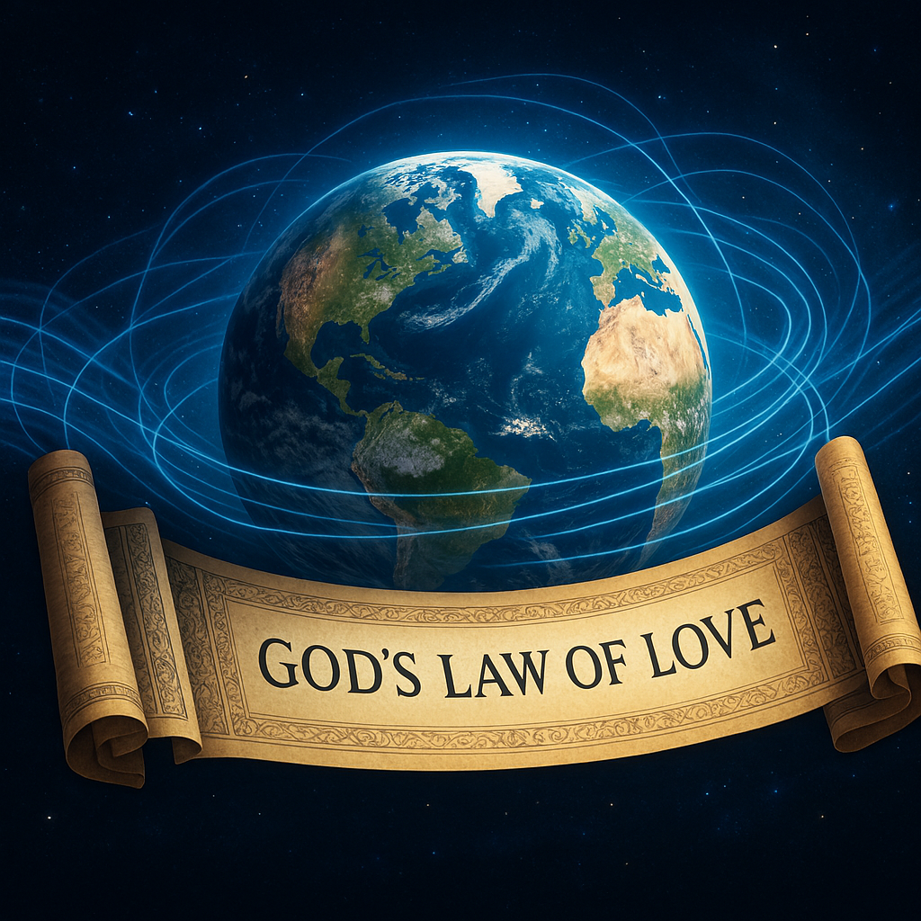 Earth Surrounded with Quantum Waves flowing through Scroll depicting God’s law of love