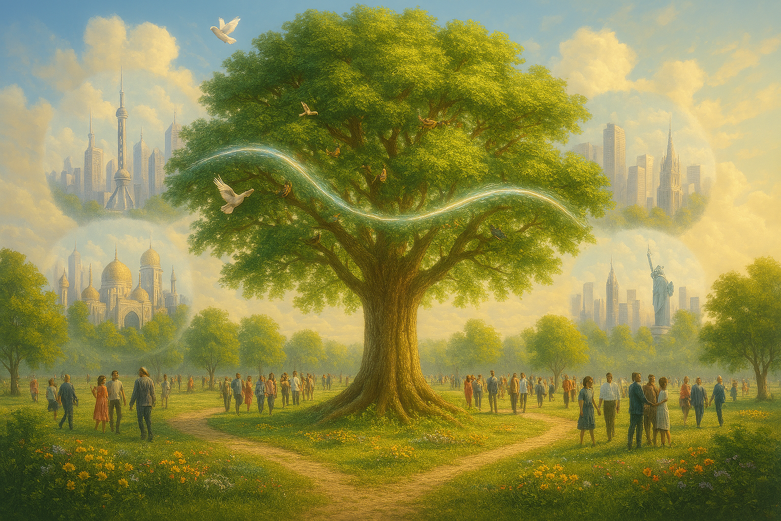 Photo-realistic Tree of Life in a lush garden with birds in its branches, dreamlike city vignettes surrounding it, and a subtle flowing quantum wave threading through the canopy.